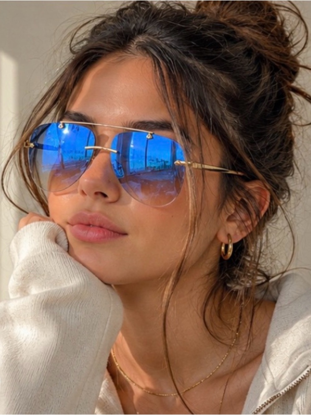 Women's Aviator Sunglasses with Blue Mirrored Lenses and Gold Frame